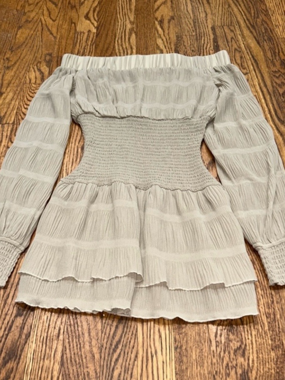 Outcast Off-Shoulder Smocked Midi Dress in Light Taupe - Picture 5 of 5